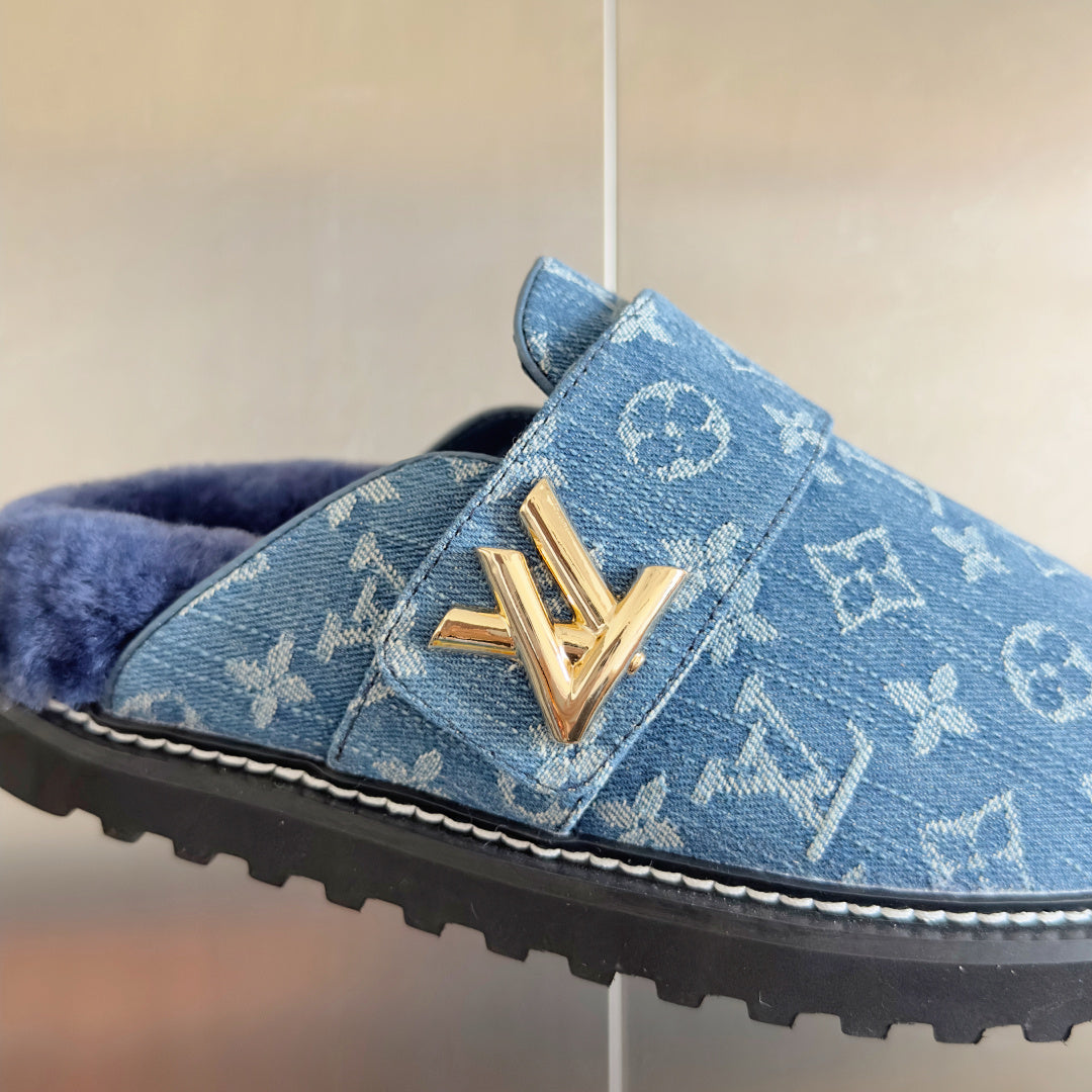 Louis Vuitton monogram sandal with blue patterned strap and gold V emblem