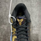 Basketball sneaker tongue and laces in dark purple with gold emblem, black upper