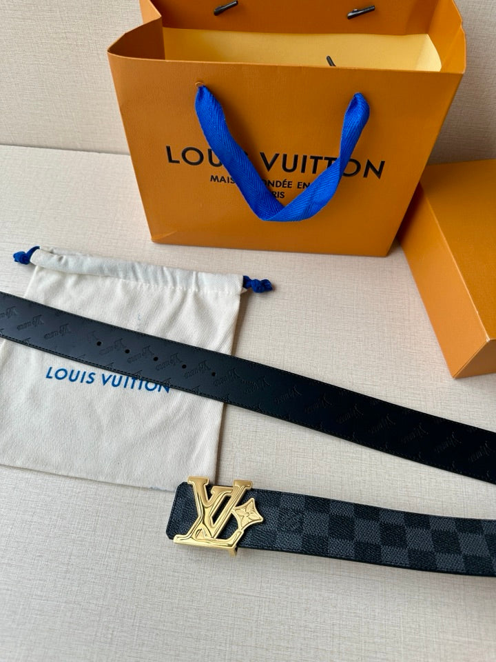 Dark leather belt with LV buckle and studded holes on the strap.