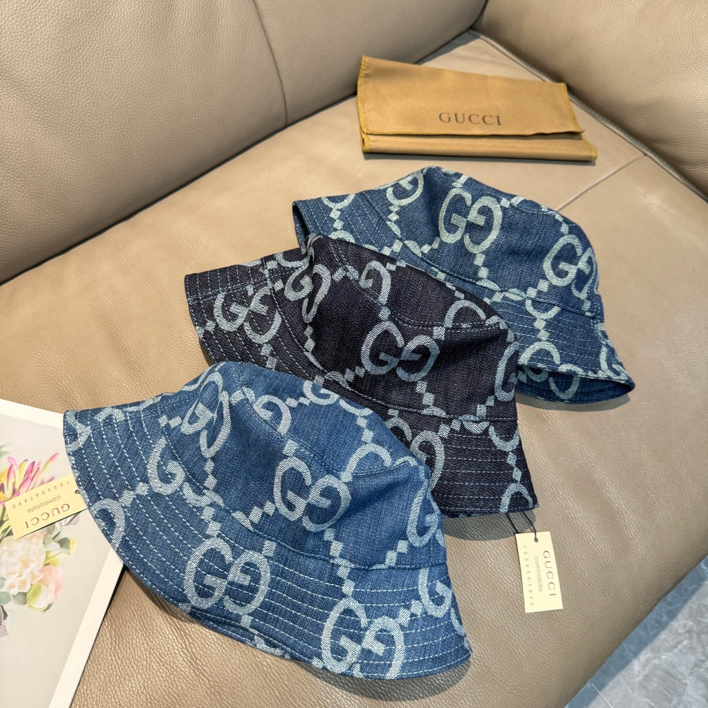 Denim bucket hat with GG monogram pattern, blue, two hats shown in box