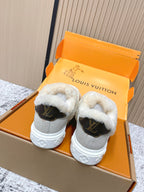 Shearling slip-on sneakers, gray uppers with white sole and black logo heel panels