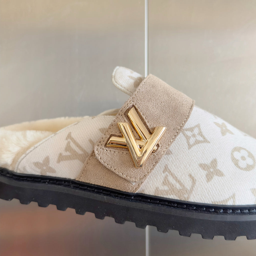 Louis Vuitton monogram sandal with beige suede strap and gold V buckle