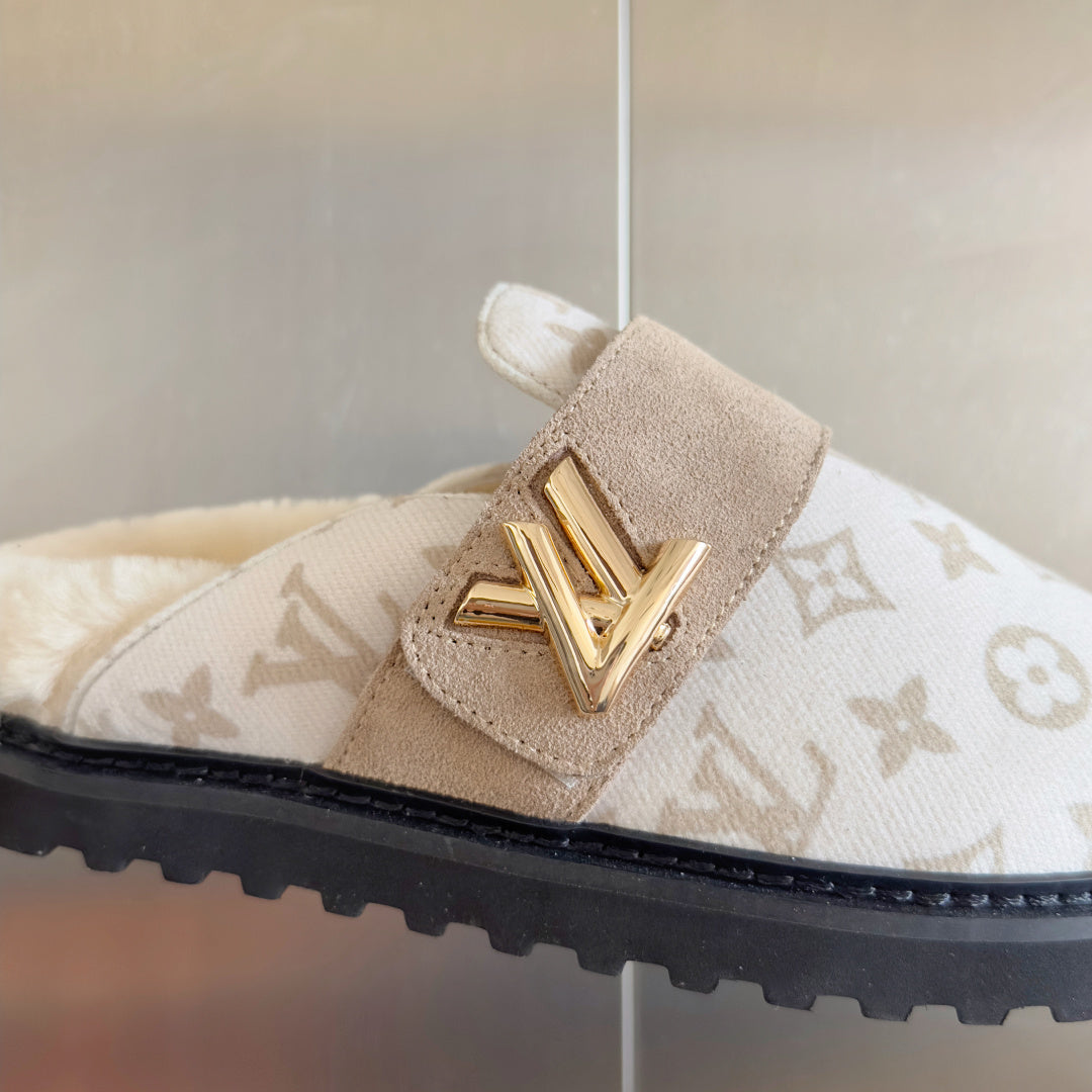 Louis Vuitton monogram sandal with beige suede strap and gold V buckle