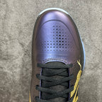 Basketball sneaker toe box in dark purple with perforations and black laces