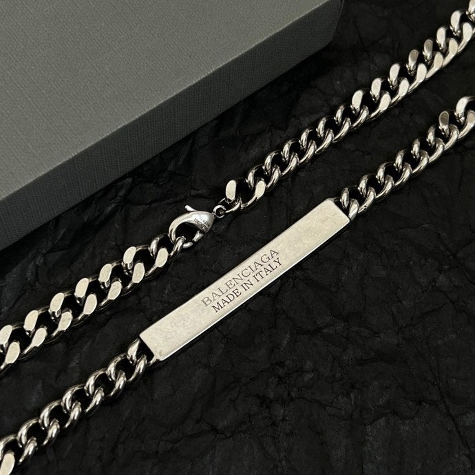 Balenciaga silver chain with engraved bar reading BALENCIAGA and MADE IN ITALY
