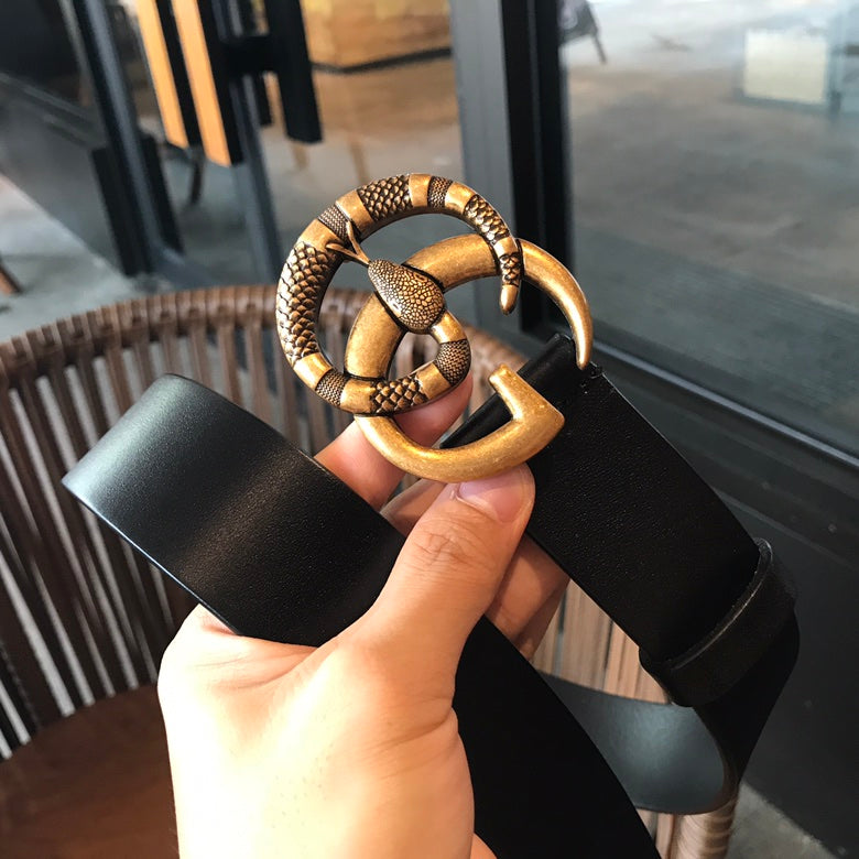 Black leather belt with gold-tone buckle and long loop clasp