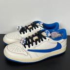 Pair of white and blue sneakers with black laces and blue swoosh on sides