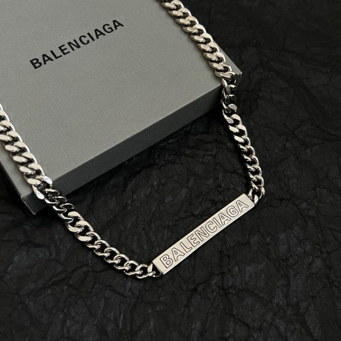 Balenciaga silver chain strap with engraved BALENCIAGA logo bar