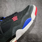 Black high-top sneaker with red heel strap and blue underlayer, white midsole, red panel