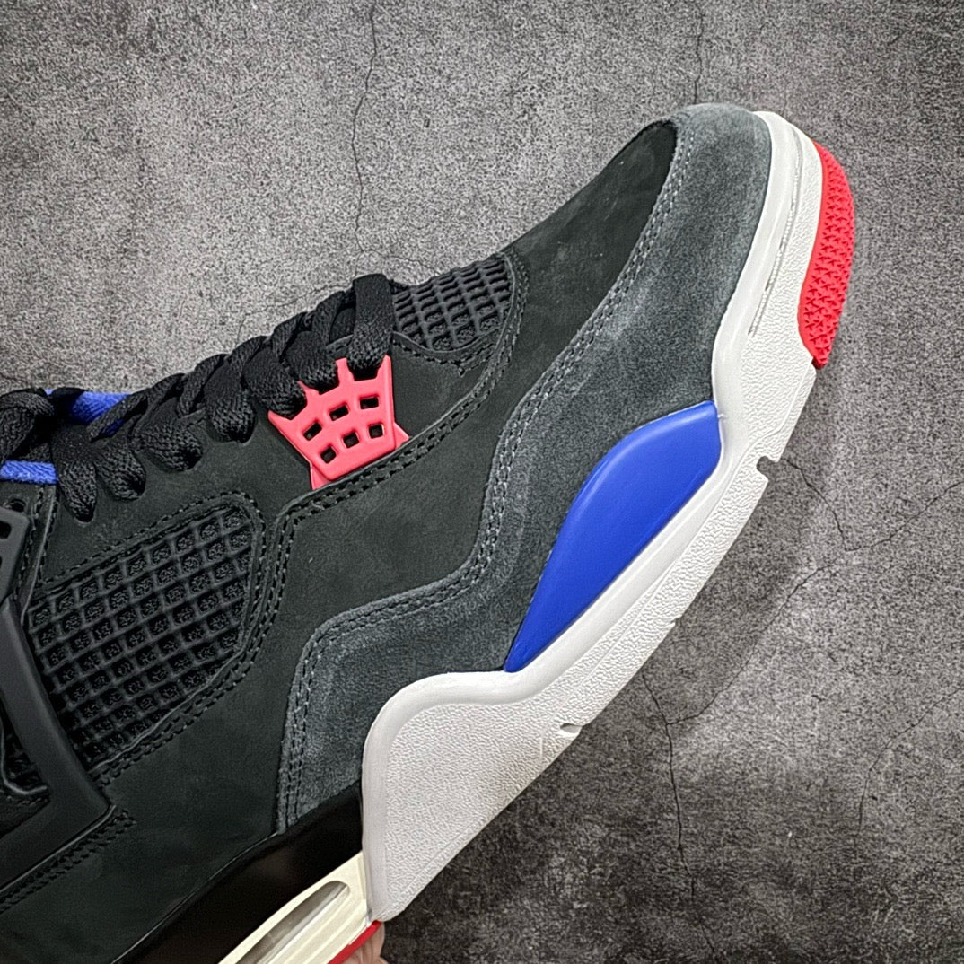 Black high-top sneaker with red heel strap and blue underlayer, white midsole, red panel