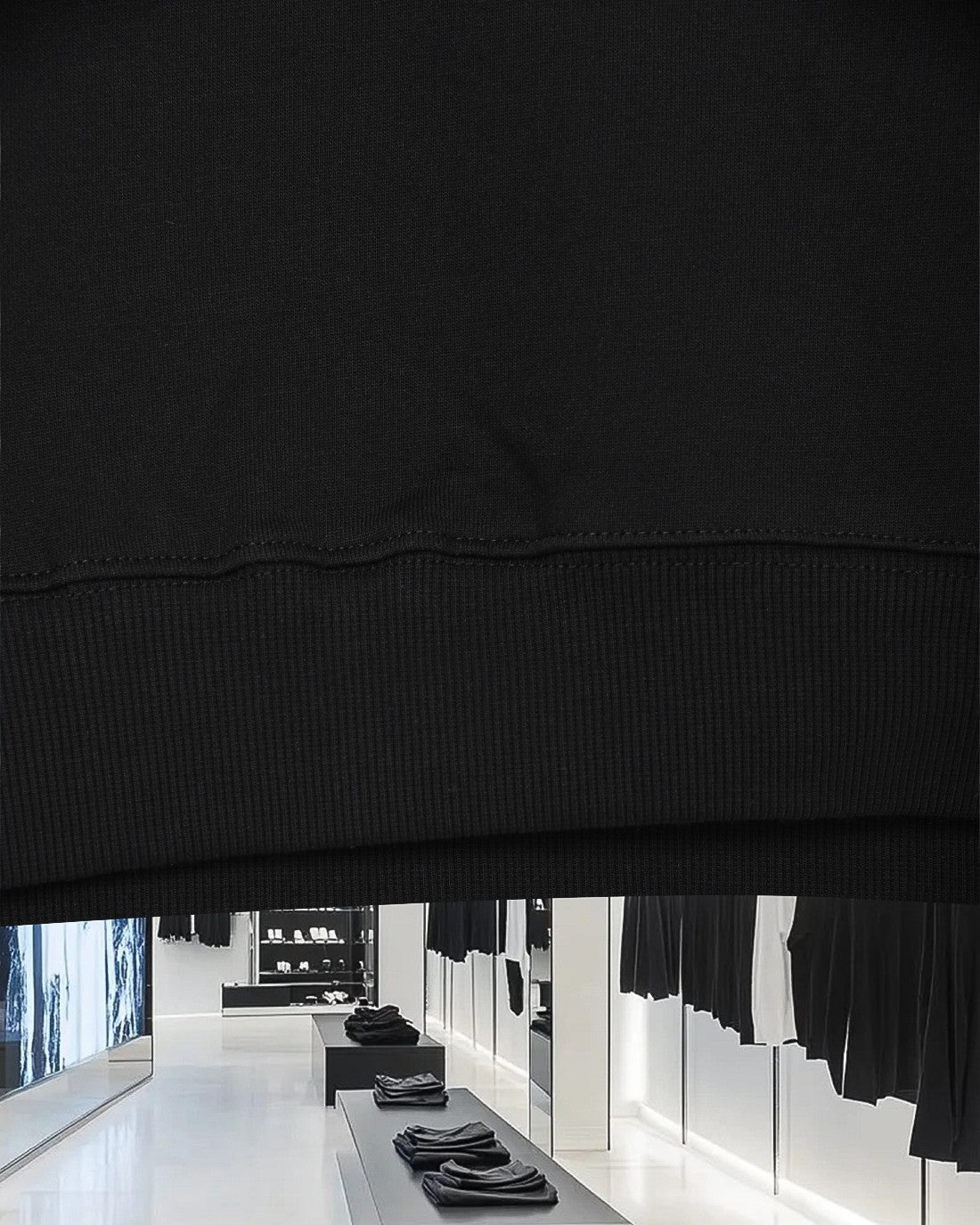 Moncler black sweatshirt hem with ribbed band and stitched trim