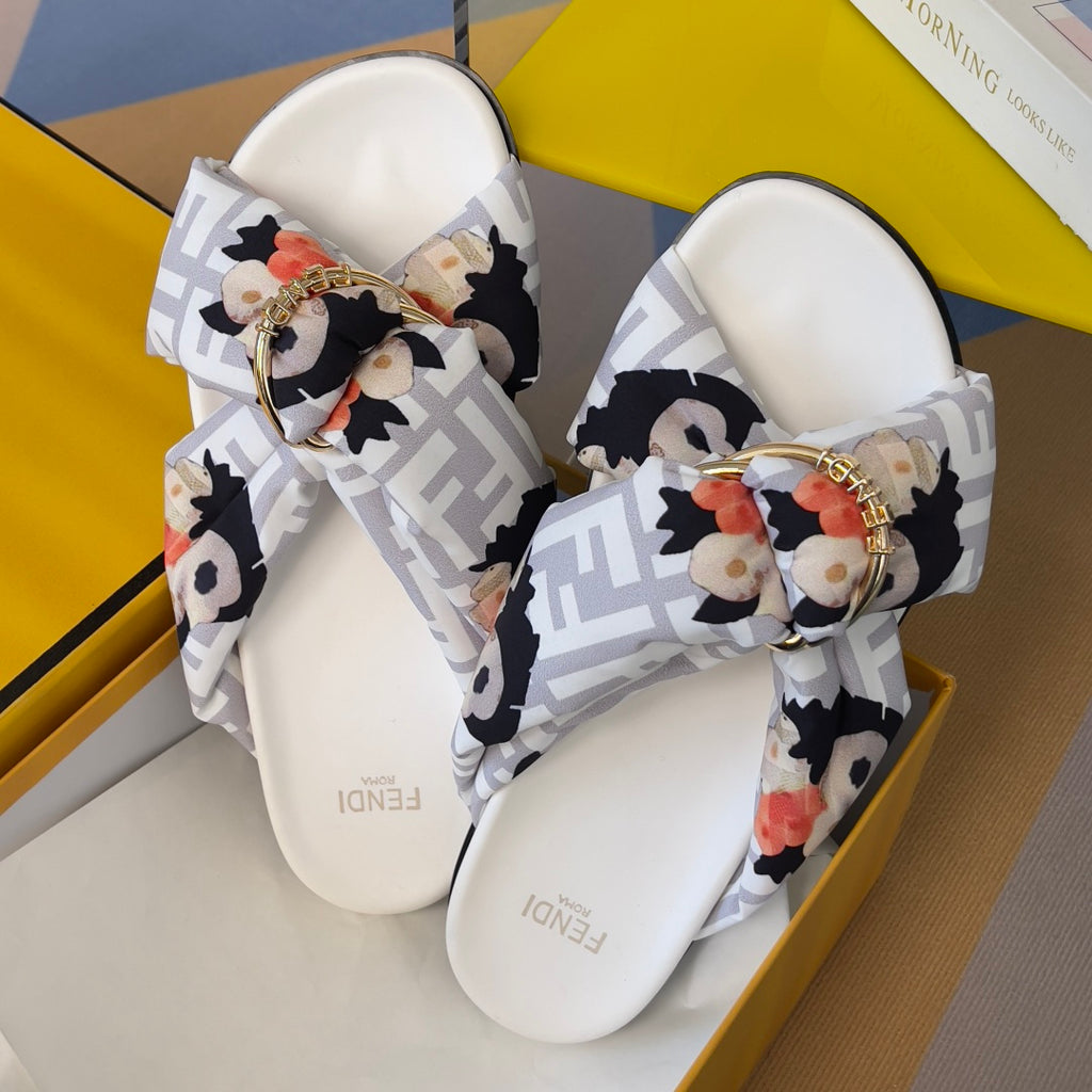 Fendi sandals in box, white slides with floral Fendi FF pattern and gold buckle charm