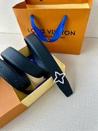 Louis Vuitton leather belt with dark blue strap and star emblem buckle
