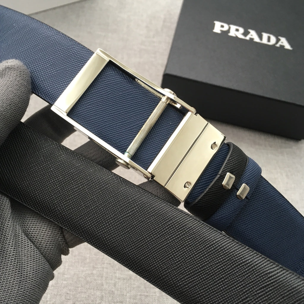 Dark belt with rectangular gold buckle frame and navy underside