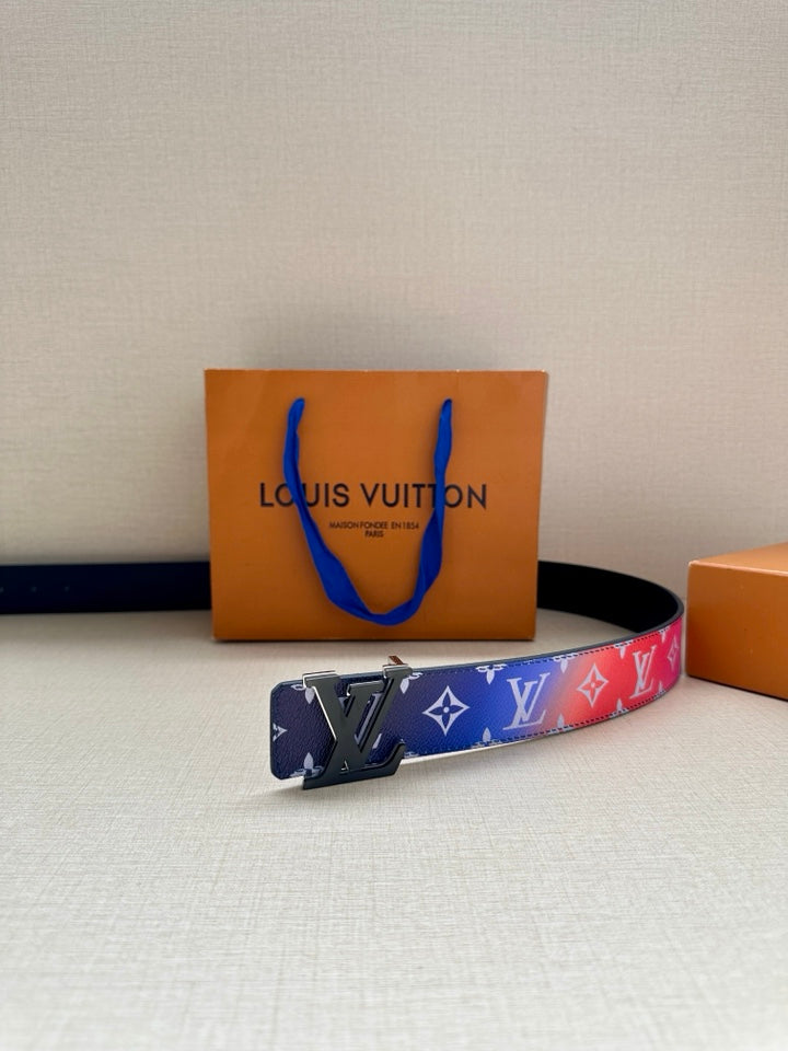 Blue logo-print belt with silver buckle and multicolor motif band