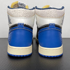High-top sneakers back view with white and blue heel panels, black upper, cream midsole