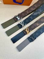 Louis Vuitton belts set: dark monogram straps with silver-tone buckles and gray tags.
