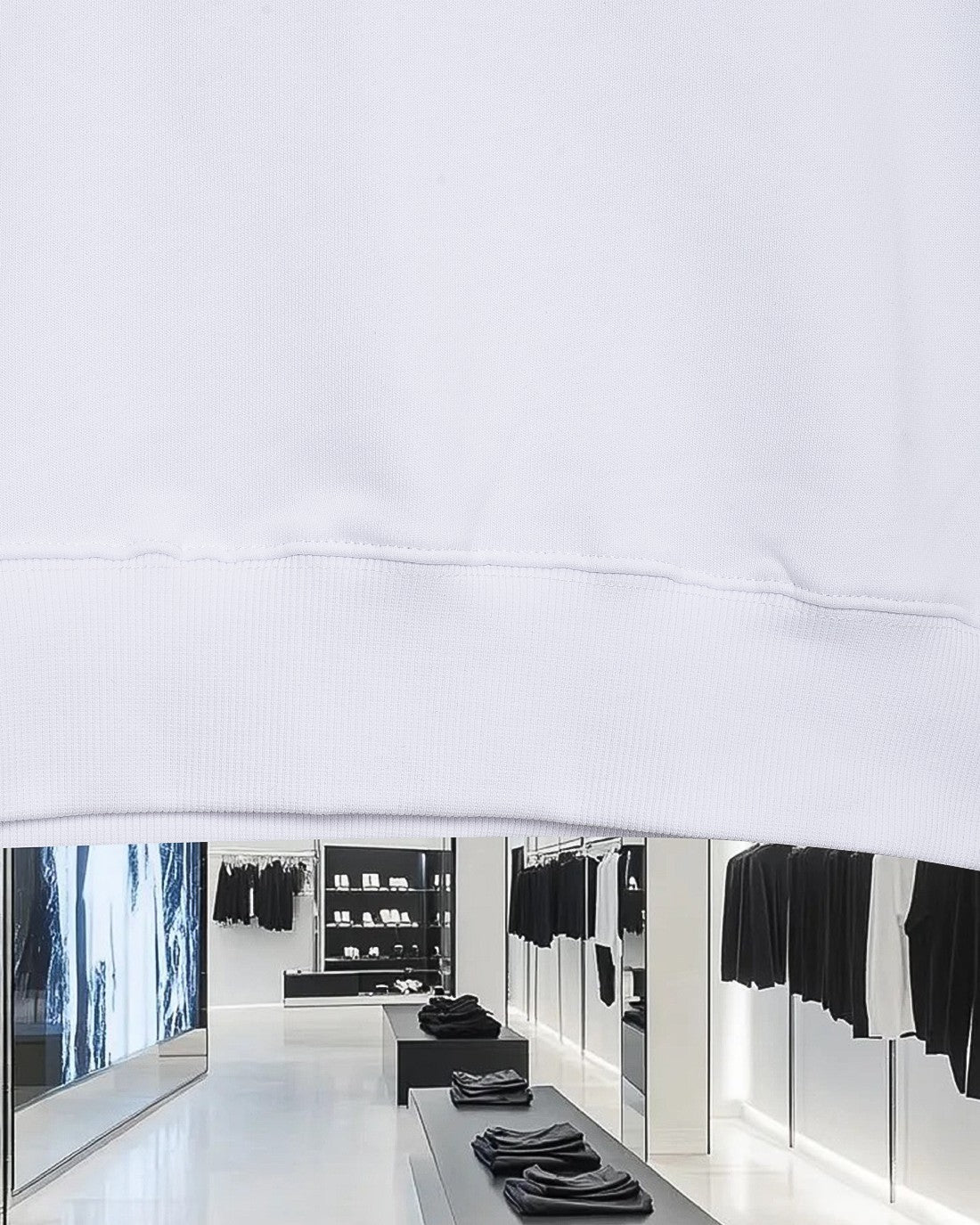 White Moncler sweatshirt hem detail with ribbed cuff trim