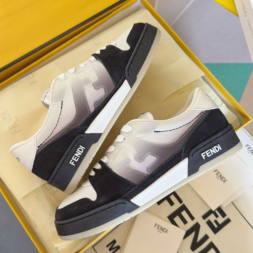 Pair of low-top sneakers: white leather with black heel tabs and side panels, FENDI branding
