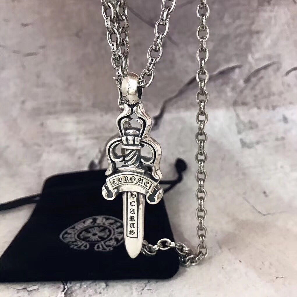 Chrome accessories necklace with silver chain and ornate dagger pendant