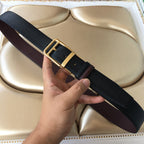 Prada leather belt in dark blue with gold-tone buckle and burgundy inner stripe