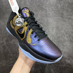 Basketball sneaker with lace-up front in dark purple and gold accents, black upper