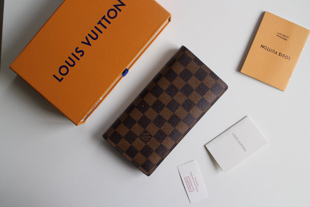 Louis Vuitton small checkered wallet, dark brown and tan with card slots and flap