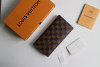 Louis Vuitton small checkered wallet, dark brown and tan with card slots and flap