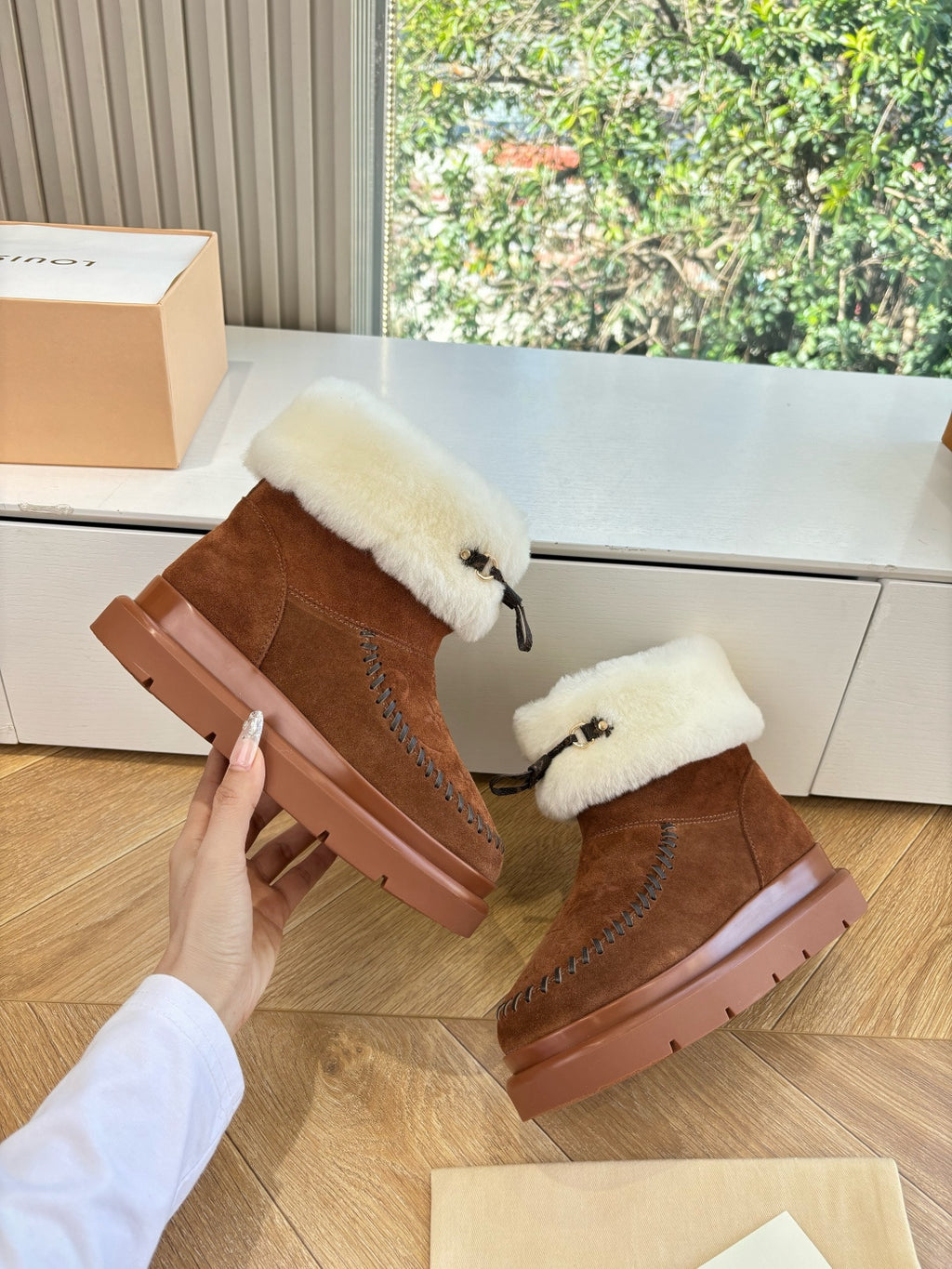 Louis Vuitton ankle boots, dark brown suede with cream faux-fur cuffs and side monogram detail