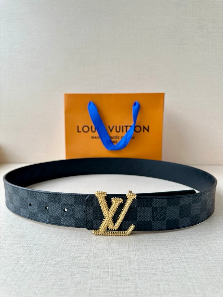 Belt with dark checkered strap and gold-tone LV buckle, with punched sizing holes