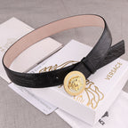 Versace belt, black embossed leather with gold Medusa round buckle and keeper tab