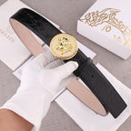 Versace belt with black crocodile-embossed leather strap and gold round Medusa buckle