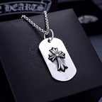 Dog tag pendant necklace with silver flower engraving on white tag