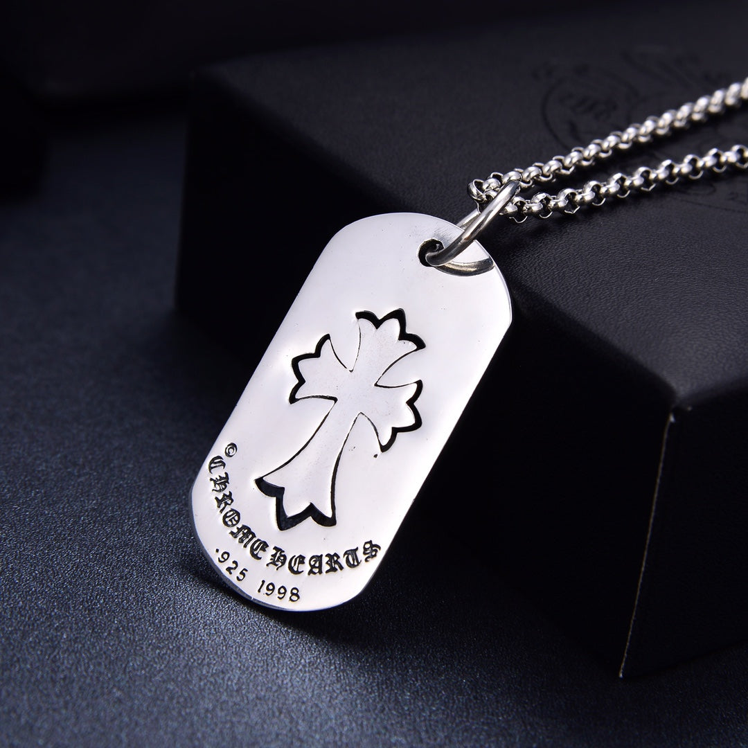 Dog tag pendant necklace with cross flower and engraved text on white tag