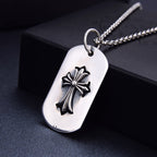 Dog tag pendant necklace, white tag with raised silver flower emblem