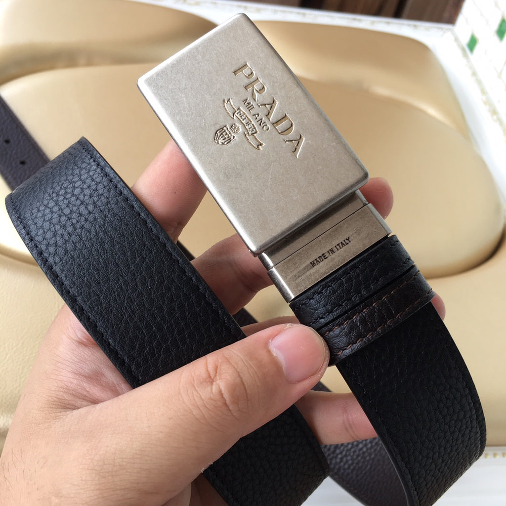 Prada leather belt with dark strap and silver buckle with logo branding