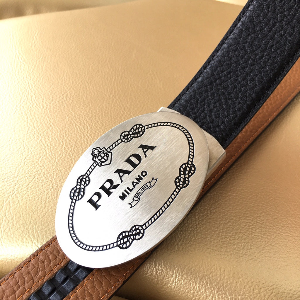Leather belt end with Prada Milano logo patch, dark strap over brown section
