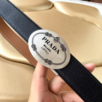Leather belt with Prada Milano logo patch, textured dark navy/black strap