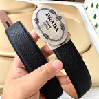 Leather belt with Prada Milano logo patch, textured dark navy/black strap with brown side