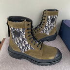 Tan and navy high-top boots with Dior Oblique front panel, lace-up style, rubber sole