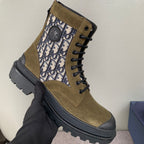 Tan high-top boots with Dior Oblique stripe on side, lace-up closure, rugged sole