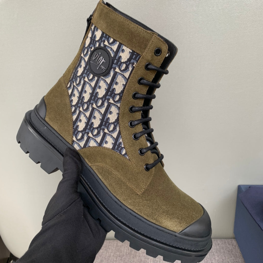 Tan high-top boots with Dior Oblique stripe on side, lace-up closure, rugged sole
