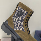 Tan suede high-top boots with Dior Oblique center panel, black lace-up and sole