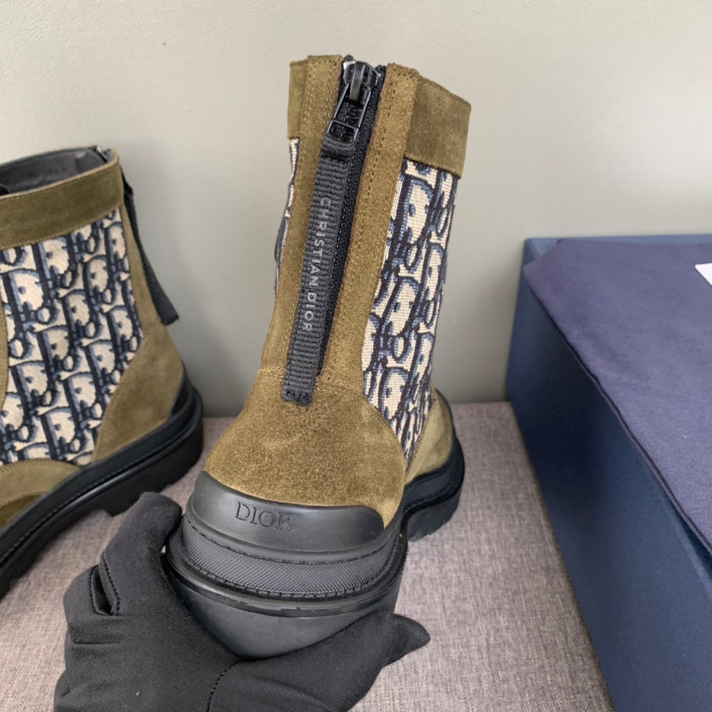 Tan suede boots with Dior Oblique panel and side zip, black rubber outsole