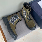 Tan suede high-top boots with navy Dior Oblique side panel, black laces and chunky sole