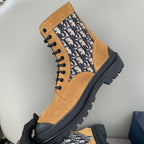 Tan suede Dior Oblique lace-up ankle boot with textured lug sole and eyelets
