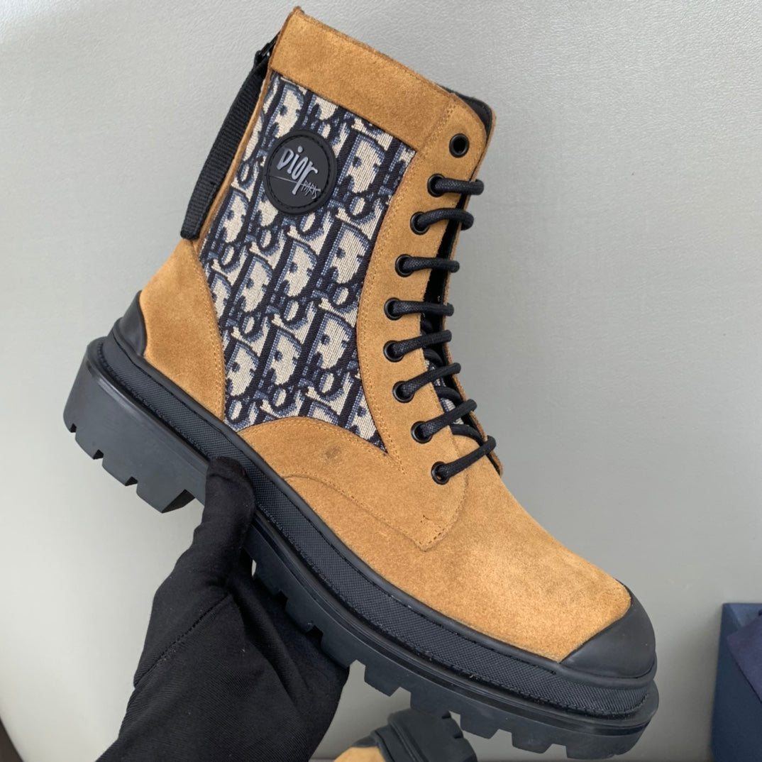 Tan suede and Dior Oblique lace-up ankle boots with thick black platform sole