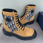 Tan suede lace-up ankle boots with Dior Oblique panels and black lug sole