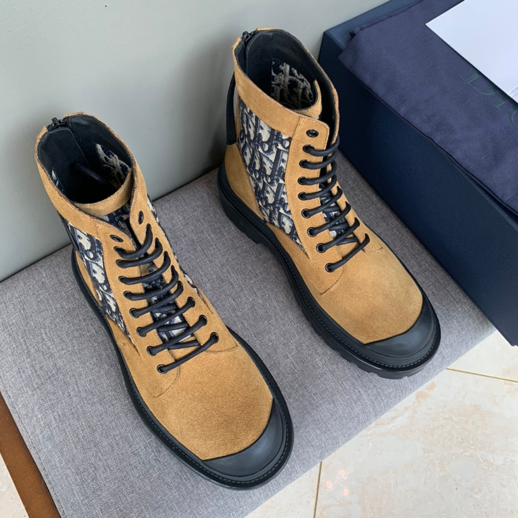 Tan suede ankle boots with Dior Oblique canvas side panels and black lace-up