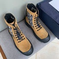 Tan suede ankle boots with Dior Oblique canvas side panels and black lace-up